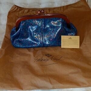 NWT Patricia Nash Blue and Brown kiss lock clutch